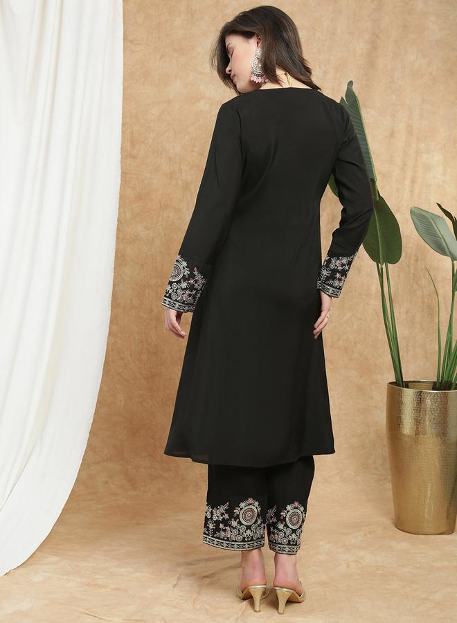 globus Women Black Sequin Zari Embroidered Kurta with Pant Set - Image 2